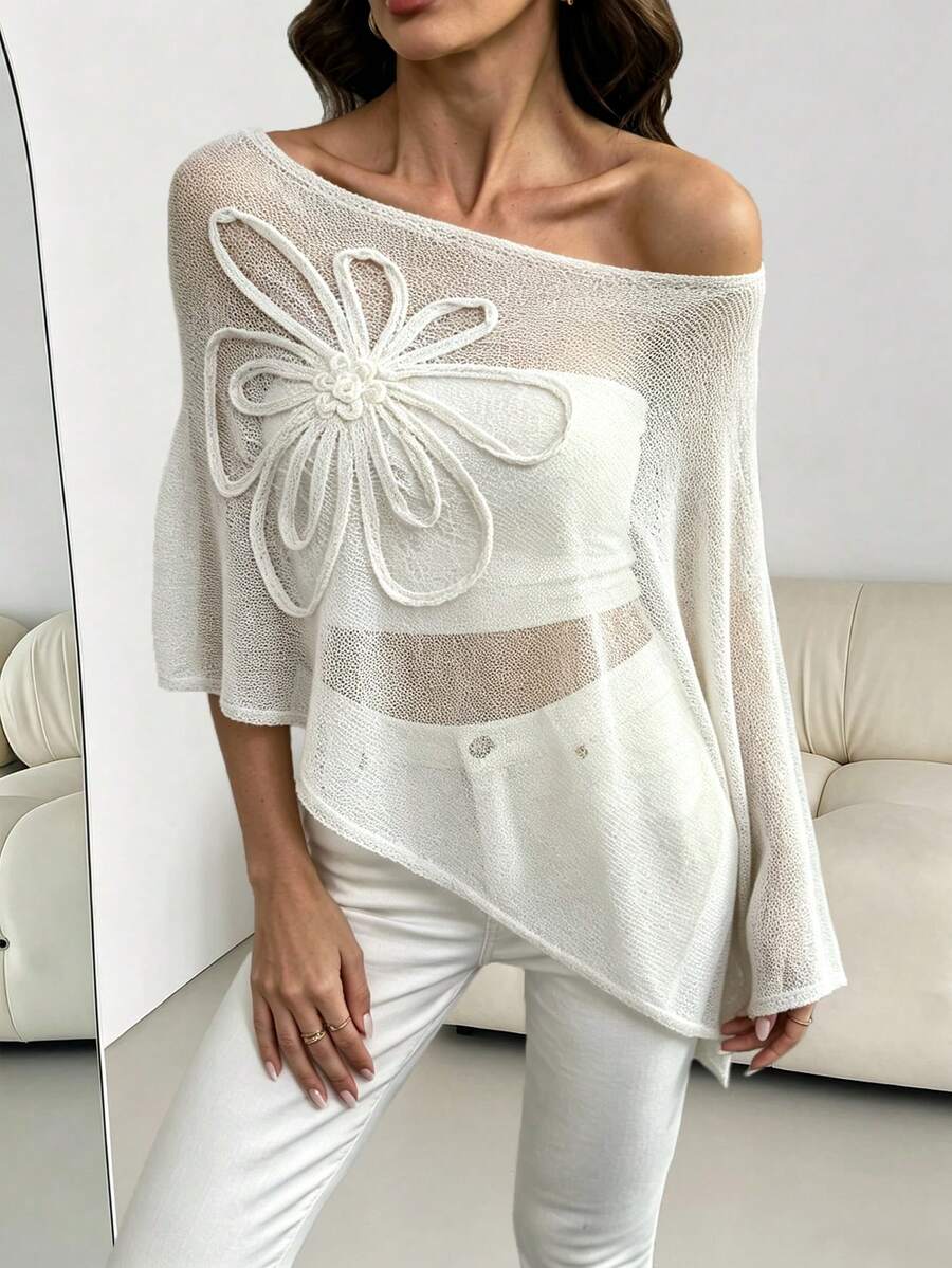 女款純色不對稱刺繡披肩式休閒寬鬆針織毛衣 白色 夏季