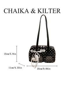 CHAIKA & KILTER 1件裝純色亮面PU布料女款時尚多口袋大容量波士頓保齡球肩背包，滿版圓點圖案，拉鍊開合，適合日常與街頭使用（附吊飾） - 黑色 - 查看 3