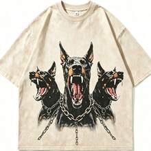 2026 New Arrival Summer Unisex Cerberus Doberman Graphic T-Shirt,Sleeve Tee, Gothic Three-Headed Dog Print Oversized Top For Streetwear - 杏色 - 查看 12