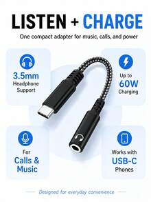 2-In-1 USB-C To 3.5mm Headphone Jack & 60W Fast Charging Adapter, Braided Audio Splitter Cable For USB-C Phones & Tablets, Black - Black - View 5