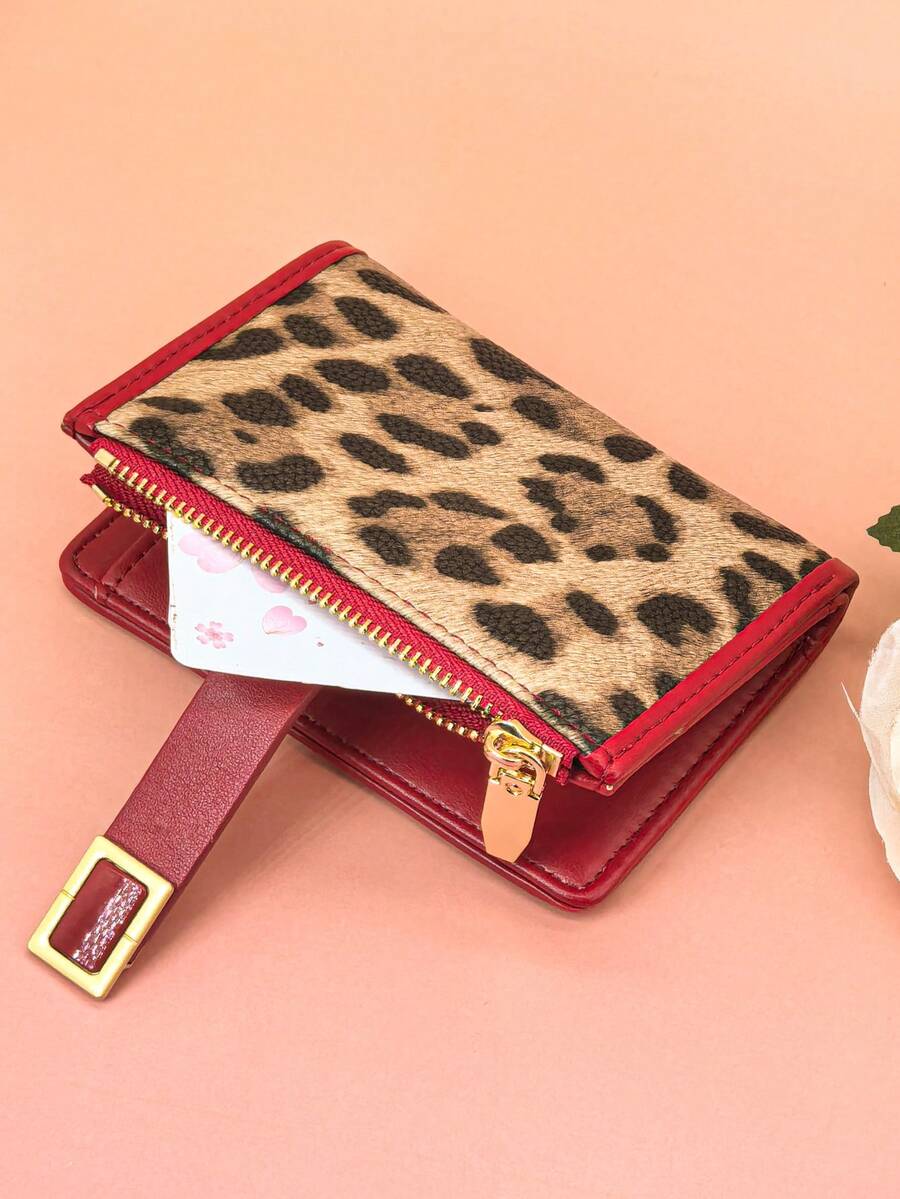 Women's Short Colorblock Patchwork Wallet, Fashionable Leopard & Tree Pattern Multifunctional ID Holder, Exquisite Fashion Snap Closure Large Capacity Zipper Card Holder Coin Purse, Lightweight & Convenient For Young Students, Suitable As Holiday Gift - Red - View 1