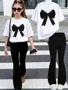 2pcs Set Suitable For Tween Girls: 1 Crew Neck Bow Print T-Shirt Paired With Flare Casual Pants. Very Suitable For Spring & Summer, Can Be Worn For Shopping, Parties, Sports, Travel And School. An Excellent Gift For Tween Girls. - Multicolor - View 1