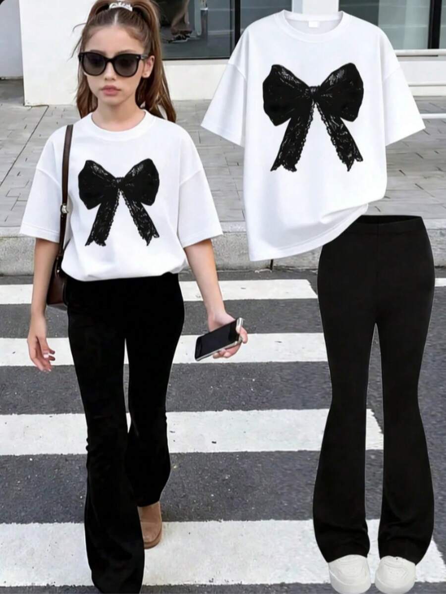2pcs Set Suitable For Tween Girls: 1 Crew Neck Bow Print T-Shirt Paired With Flare Casual Pants. Very Suitable For Spring & Summer, Can Be Worn For Shopping, Parties, Sports, Travel And School. An Excellent Gift For Tween Girls. - Multicolor - View 1