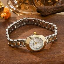 xinyunkou French Luxury Round Dial Rhinestone Quartz Watch For Women, Vintage Two-Tone Thin Steel Band, Elegant Commuter Wristwatch - Gold - View 3