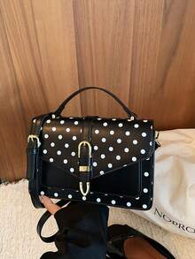 Women's Handle Crossbody Bag, Rectangular Flap Shoulder Bag, Polka Dot Print, Adjustable Strap, Large Capacity, Vintage Elegant, Suitable For Daily Commute And Dating - Black - View 3