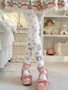 Harajuku Animecore Cute Cat Doodle Print Tights Novelty Graphic Hosiery Cosplay Accessories - White - View 2