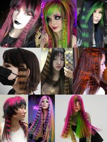 18 Inch 45 Cm Feather Hair Extensions Invisible Hair Extensions Wig Highlights Hair Clip Hair Extensions Even Black Striped Texture Gothic Style Multi-Color Festive Color Suitable For Beginners Easy To Wear And Beautiful Women'S - Multicolor - View 8