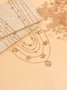 5pcs/Set Exquisite Versatile Multi-Layer Gold Thin Necklace Set, Fashion Classic Heart & Butterfly Decor Women's Neck Jewelry, Suitable For Daily Wear And Date Party, Chain Length Cut By Sections With Variable Number - Gold - View 3