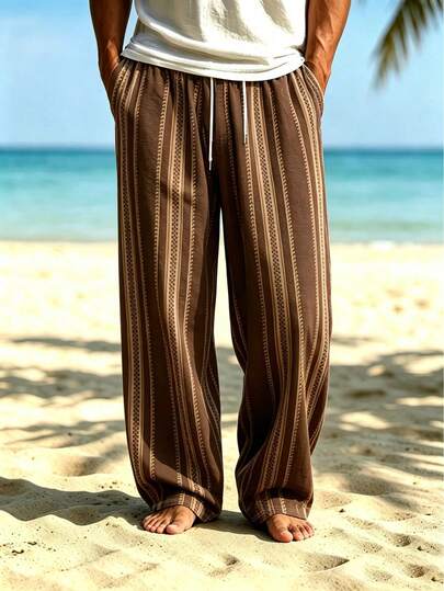 Men's Vintage Brown Vertical Striped Print Wide Leg Pants, Drawstring Elastic Waist, Lightweight Bohemian Style Beach Vacation Casual Long Pants