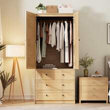 70 Inch Wooden Wardrobe Armoire Bedroom Storage Cabinet Freestanding Closet With Three Drawers Hanging Rod Adjustable Shelves Large Capacity Furniture Natural Oak - Natural - View 12