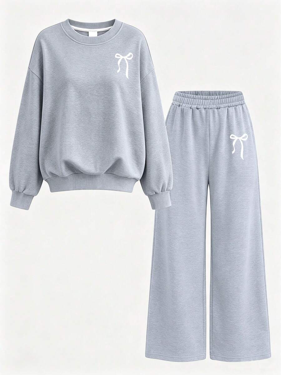 2pcs Girls Minimalist Casual Bow Print Crew Neck Sweatshirt + Pants Set, Autumn/Winter Fashion Comfortable Outfit - Grey - View 1