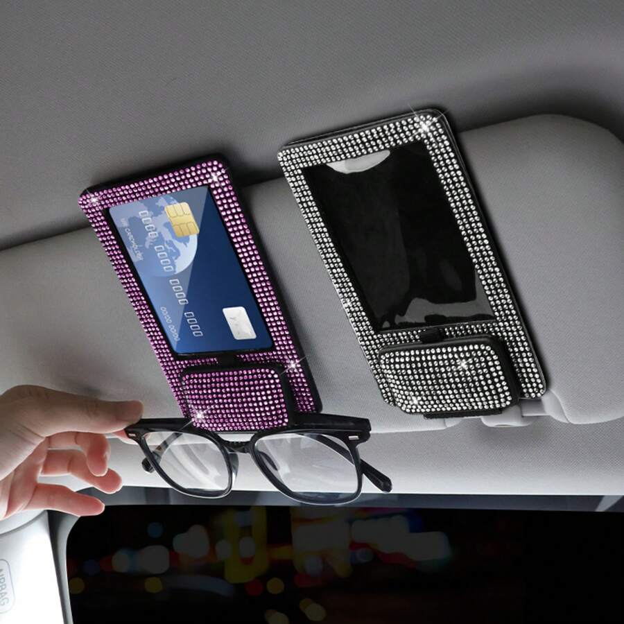 1Pc Bling Rhinestone 2‑In‑1 Car Sun Visor Photo Frame Clip, Fashion Glasses Holder Card Storage Organizer, Shiny Crystal Car Interior Decor For Women, Easy Installation, Car Gift
