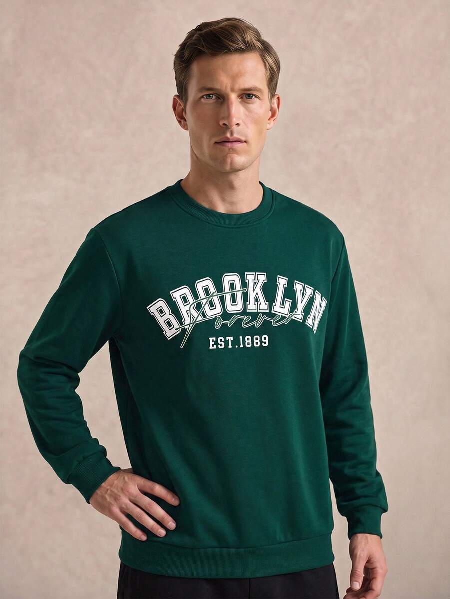 Courvante Men's Letter Printed Crew-Neck Sweatshirt, For Fall Winter, Long Sleeve Top - Dark Green - View 1