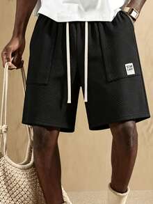 Men Waffle Knit Casual Shorts Comfort Fabric Elastic Drawstring Waist Patch Label Side Pockets Loose Fit Summer Streetwear Athletic Workout Black - Black - View 1