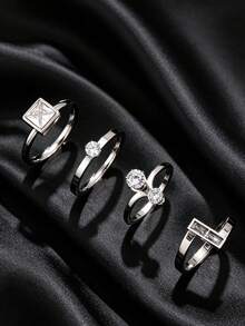 4pcs Fashion Stainless Steel Silver Rings, Luxury Geometric Square & Round Rhinestone Inlaid Stackable Rings, Minimalist Elegant Layered Finger Rings, Valentine's Day Gift Accessory, Unisex - Silver - View 9
