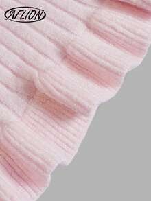 Women Summer Fall Pink V Neck Tie Front Ruffle Hem Long Sleeve Ribbed Knit Crop Top Sweet Slim Fit Blouse - Pink - View 4
