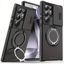 Compatible With Galaxy S26 Ultra S25 S24 S23 S22 Ultra S25 S24 S23 Plus A54 A55 A56 Phone Case, With Sliding Camera Cover + [Full Camera Protection], Equipped With 360° Rotating Ring Holder, Magnetic Car Mount, Matte Texture Shockproof Protective Case - Black - View 1