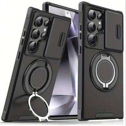 Funda para teléfono Galaxy S26 Ultra S25 S24 S23 S22 Ultra S25 S24 S23 Plus A54 A55 A56, con cubierta deslizante para cámara + [Protección integral de cámara], equipada con soporte giratorio de 360°, soporte magnético para coche, funda protectora a prueba de golpes con textura esmerilada