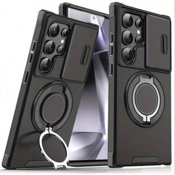 غطاء هاتف ل- Galaxy S26 Ultra S25 S24 S23 S22 Ultra S25 S24 S23 Plus A54 A55 A56، مع غطاء كاميرا منزلق + [حماية كاملة للكاميرا]، مزود بحلقة دوارة 360° وحامل مغناطيسي للسيارة، غطاء واقي بملمس مطفي مقاوم للصدمات