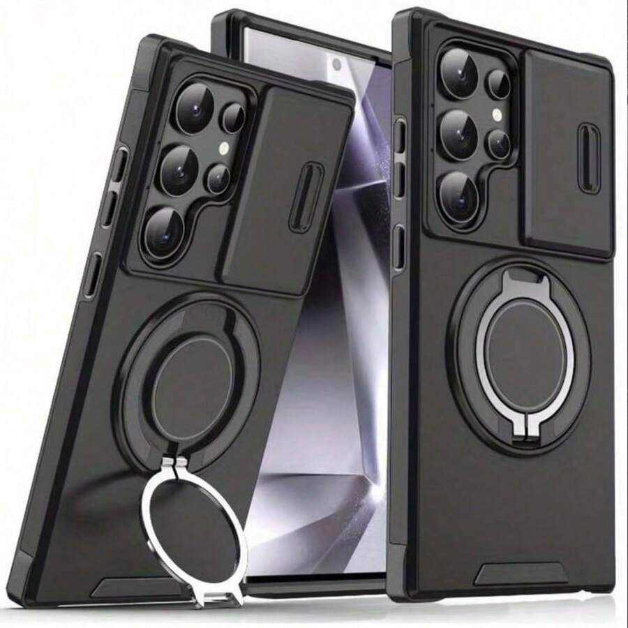 Compatible With Galaxy S26 Ultra S25 S24 S23 S22 Ultra S25 S24 S23 Plus A54 A55 A56 Phone Case, With Sliding Camera Cover + [Full Camera Protection], Equipped With 360° Rotating Ring Holder, Magnetic Car Mount, Matte Texture Shockproof Protective Case - Black - View 1
