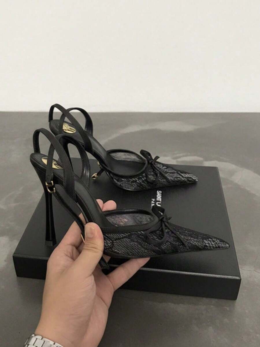 Lace Bow Back Strap Pointed Toe Stiletto High Heel Pumps, Plus Size Women's Nightclub Party Vibe High Heels - Black - View 1