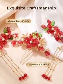 3PCS Floral Print Bohemian Zinc Alloy Vintage Trim Hair Clips Hanfu Bridal Headpiece Set With Pearl Tassels, Simple Versatile Festive Flower - Multicolor - View 6