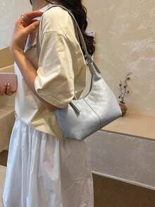 小眾設計紋理PU純色時尚極簡百搭柔軟面料女款迷你腋下肩背包手提包 - 藍色 - 查看 4