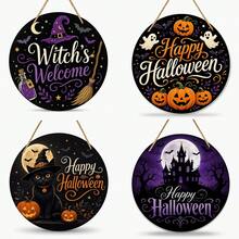 2D Flat Multiple Styles Round Wooden Door Hanging Signs, Witch Welcome Broom & Potion Bottle, Pumpkin Ghost Happy Halloween, Full Moon Black Cat Pumpkin, Moonlit Castle Bats, Entryway Window Holiday Decorative Hanging Tags, Suitable For Autumn Or Halloween Decoration - Hanging Ornament - View 1