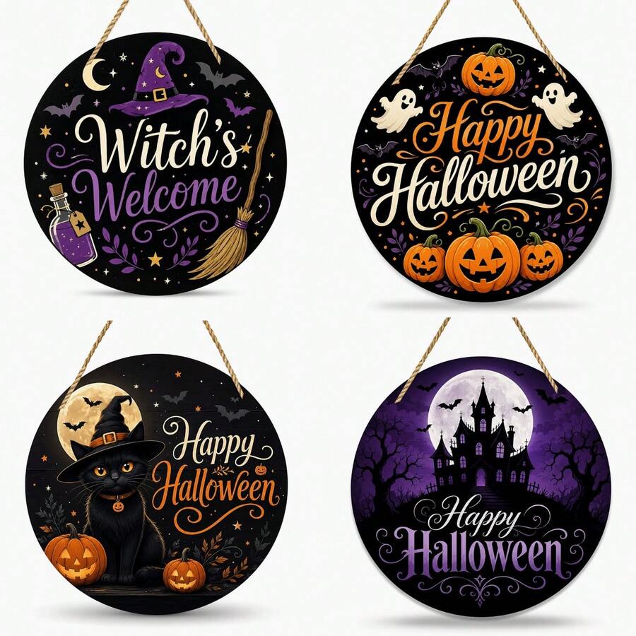 2D Flat Multiple Styles Round Wooden Door Hanging Signs, Witch Welcome Broom & Potion Bottle, Pumpkin Ghost Happy Halloween, Full Moon Black Cat Pumpkin, Moonlit Castle Bats, Entryway Window Holiday Decorative Hanging Tags, Suitable For Autumn Or Halloween Decoration - Hanging Ornament - View 1