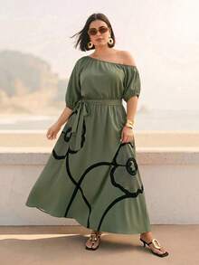 CAJUNI Plus Size Women's Vacation Asymmetrical Shoulder Floral Print Elegant Dress Summer - Multicolor - View 6