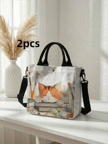 2pcs Cat Print Canvas Tote Bag, Snap Closure, Detachable Crossbody Shoulder Strap, Large Capacity Multi-Purpose Shoulder Bag, Suitable For Daily, Travel And School Use - Multicolor - View 14
