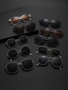 10pcs Classic Metal Geometric Frame Glasses, Black, Suitable For Men's Daily Wear, Back To School Season, Music Festivals, Vacation Outfits, Beach Accessories, Summer Beach Vacation, Outdoor Activities, Travel - 彩色 - 查看 12