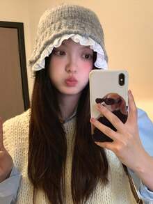 1pc Women's Korean Style Lace Trim Knitted Bucket Hat, Autumn/Winter, Sweet Warm Versatile Face-Slimming Wool Bucket Hat - Multicolor - View 4