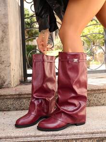 1 Pair Popular Folded Pleated Boots Fashion Buckle Flat Comfortable Solid Color Western Style Casual Microfiber Leather Mid-Calf Boots For Holiday Party Autumn Winter - Burgundy - View 4