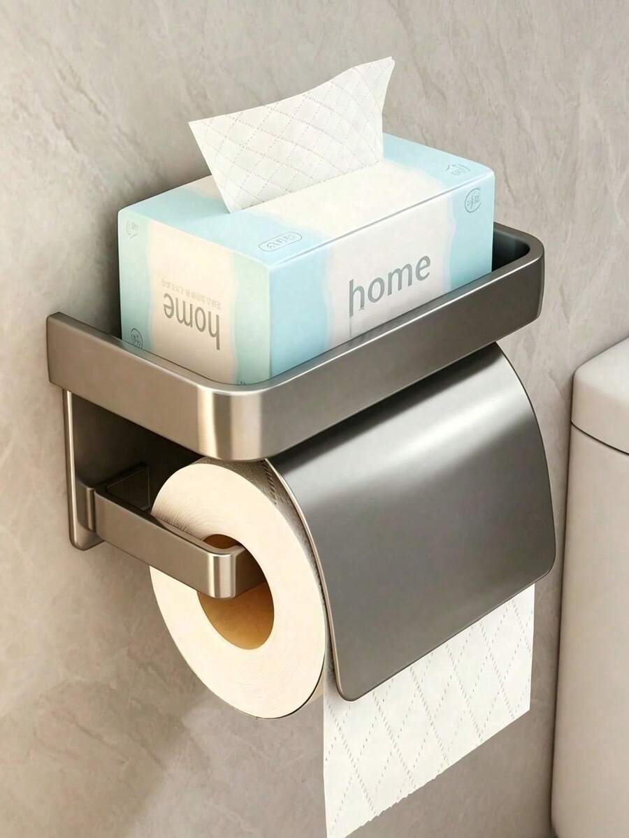 Wall-Mounted Toilet Paper Holder, Self-Adhesive Design With Built-In Storage Shelf, Suitable For Various Bathroom Styles, Minimalist And Elegant, No Drilling Required - View 1