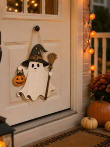 1pc Halloween Wooden Ghost Hanging Decor With Witch Hat And Ghost Door Sign, Pumpkin And Broom, Cute Rustic Welcome Wall Decor For Front Door, Home, Porch And Party Decoration - Multicolor - View 4