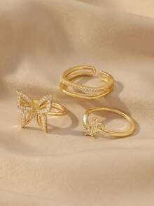3pcs Set Exquisite Stackable Diamond Ring Set, Butterfly Decor Elegant Gold Ring, Women's Party Decorative Ring - Gold - View 3