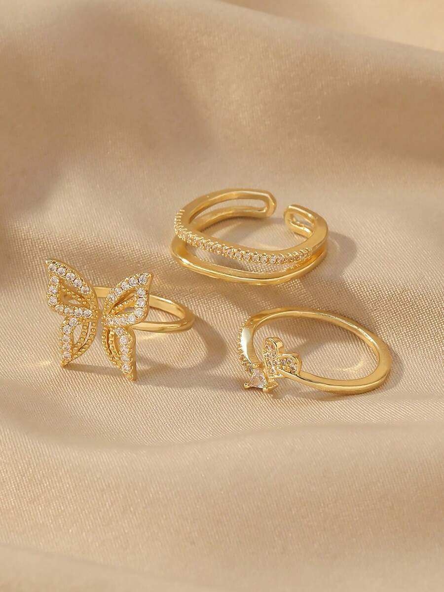 3pcs Set Exquisite Stackable Diamond Ring Set, Butterfly Decor Elegant Gold Ring, Women's Party Decorative Ring - Gold - View 1