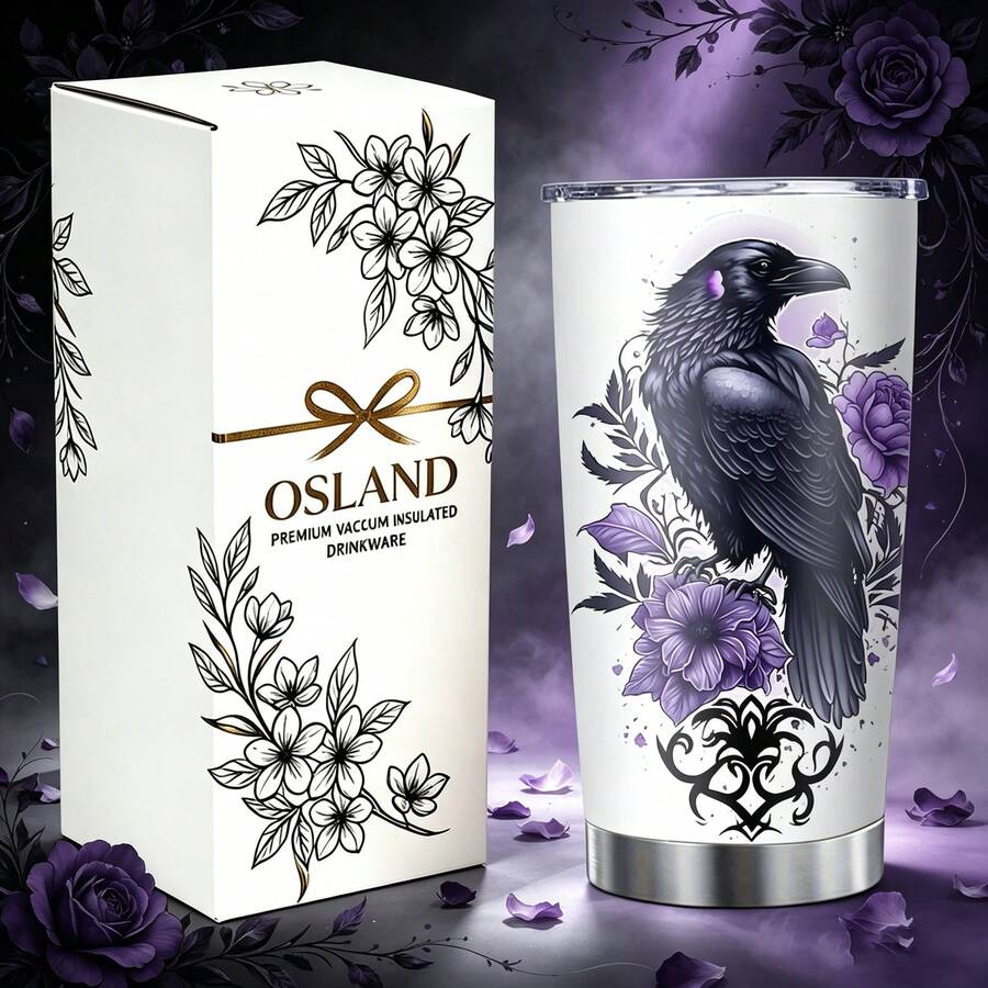 1/5 Stück 20oz Edelstahl isolierter Becher, schwarzer Krähen- & lila Blumenmuster, auslaufsicherer versiegelter Deckel, tragbarer Thermobecher für Auto, Büro, Outdoor Camping, ideales Geschenk für Liebhaber von Gothic Dark Art - Schwarze Krähe - Übersicht 1