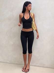 Fashionable Women's Black Halter Neck Crop Top And 7/8 Length Leggings, High Elasticity Casual Two Pieces Slim Fit Set, Suitable For Daily Wear - Black - View 6