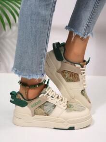 Women's Retro Artistic Oil Painting Random Print Patchwork Sneakers, Height-Increasing Thick Sole, Contrast Color Design Lace-Up Casual Sports Shoes - Green - View 8