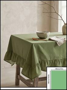 1pc Green Background White Polka Dot Pattern Ruffle Edge Tablecloth, Fresh Natural Style, Rectangular With Ruffle Edge And Pleated Detail, Decorative And Functional For Home Dining - Green - View 17