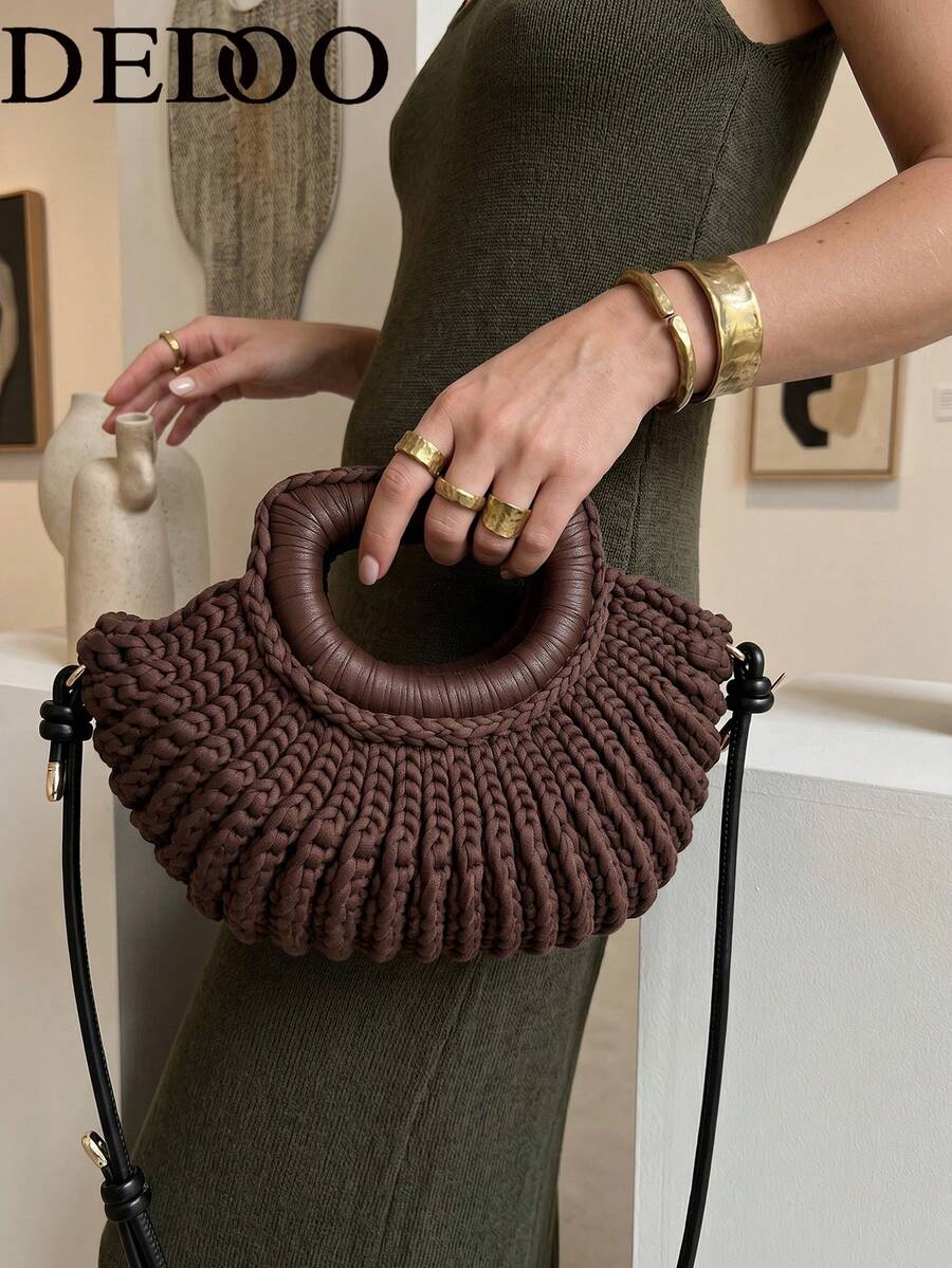 Dedoo Vintage Shell Knitted Top‑Handle Bag For Women, Detachable Strap Woven Crossbody Handbag Retro Elegant Purse