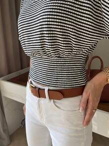 JTI Women's Crew Neck Black And White Striped Waist-Defining Batwing Sleeve T-Shirt, Casual Elegant Commuter Top For Autumn - Black and White - View 6