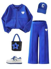 Young Girl Bow Pattern Print Baseball Collar Zip-Up Top And Pants - Blue - View 1