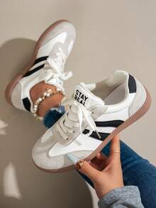 1 Pair Women's Multi-Functional Spring/Autumn New Fashion Casual Shoes, Flat Lace-Up Round Toe Rubber Sole Skateboard Shoes, Black, White, Brown, Leopard Print, Khaki, Color Block, Daily Wear, Shoes, Casual Shoes, 36-42 Size, Fashion , Training Shoes, All Season Wear - Black - View 6