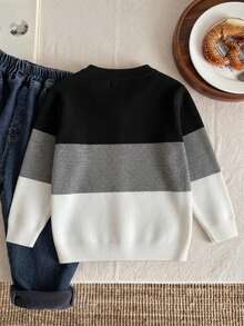 Young BoySchool Style Striped Contrast Color Pullover Sweater, Suitable For Autumn & Winter - Black - View 4
