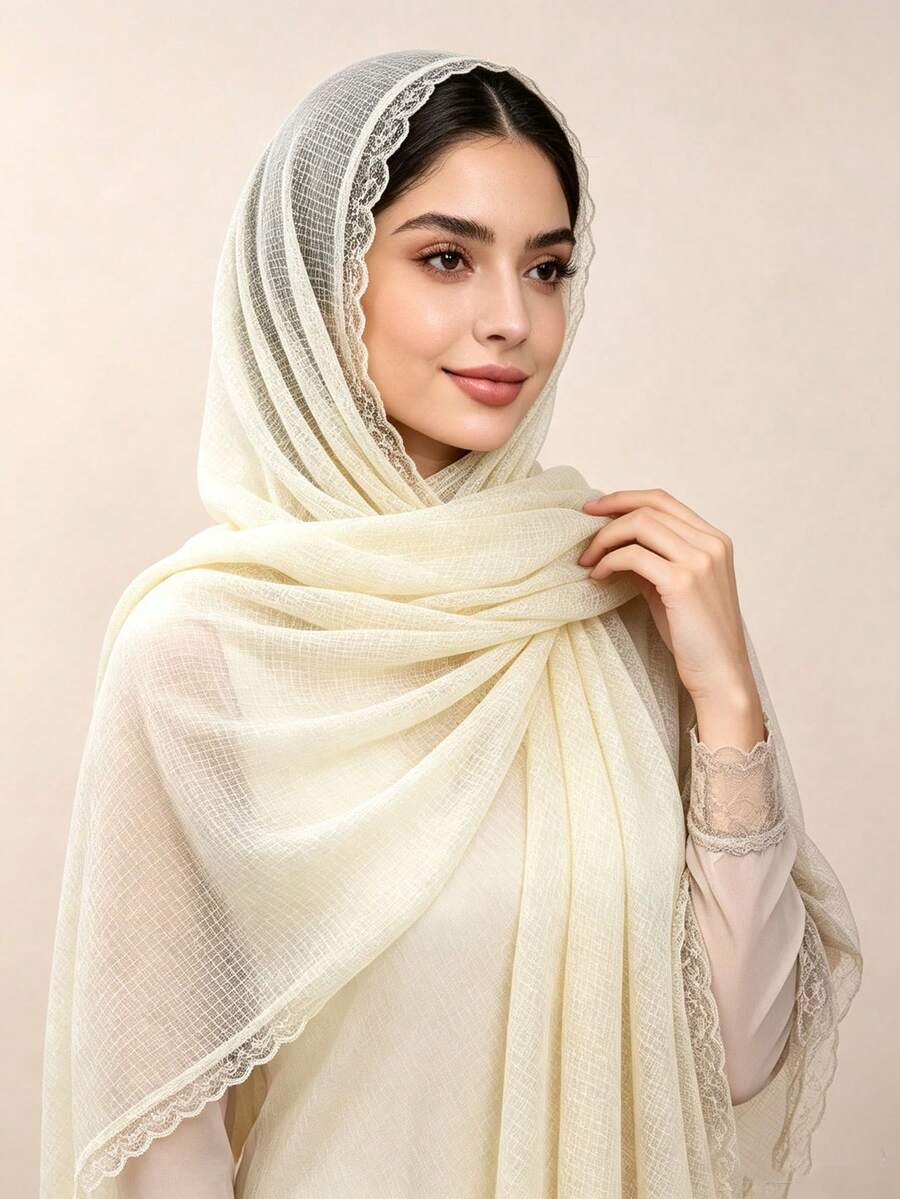 1pc Women's Romantic Lace Trim Headscarf, Bow Ribbon, Lightweight Breathable Soft Scarf, Muslim Islamic Style Daily Wear Hijab Shawl Plaid Sheer Headscarf - Multicolor - View 1
