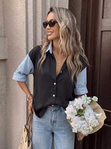 Casual Versatile Denim Effect All-Over Print Lapel Double-Breasted Women's Shirt, Spring/Summer New Style, Suitable For Commuting And Daily Wear - Black - View 4