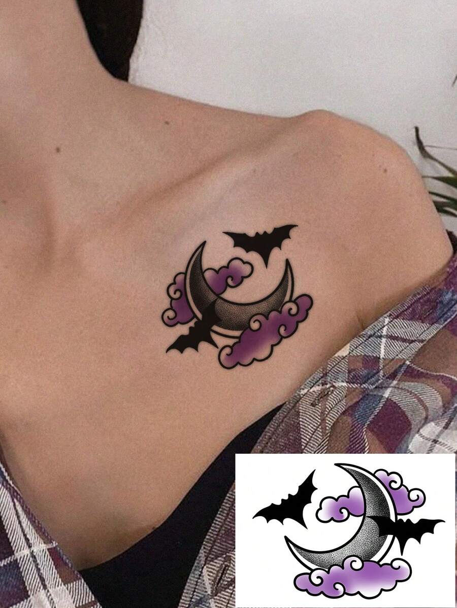 1sheet Gothic Purple Cloud Crescent Moon Bat Temporary Tattoo Stickers, Waterproof Long Lasting Fake Body Tattoo Decal, Witch Dark Witchy Pattern, Unisex For Collarbone Shoulder Arm, Halloween Punk Party Cosplay Decor, Easy Removable Body Art Sticker - Multicolor - View 1